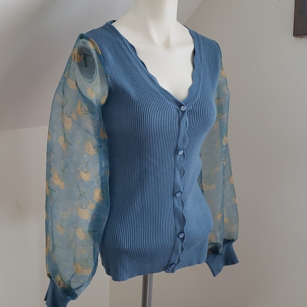 SIONI blu knit with Sheer floral Long Sleeves Sweater Top Cornflower blue Size S